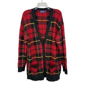 Polo Ralph Lauren Red Black Alpaca Wool Sweater Cardigan Tartan Plaid Women's L